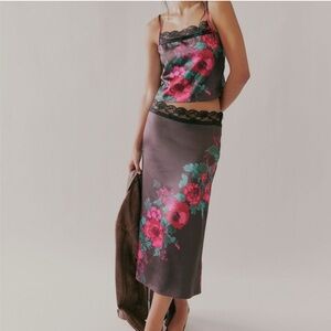 NWT Free People Salvatore Brown Satin Skirt and top set with Red Floral design.